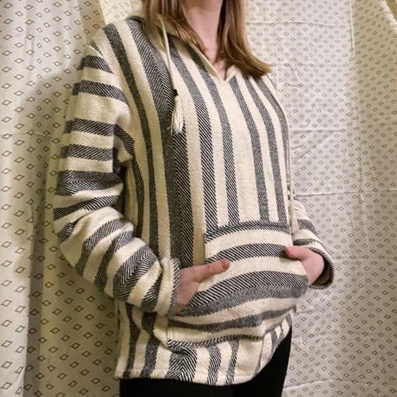 Cream Medium Beach Life Poncho w/ Black Stripes & Kangaroo Pocket - Picture 4 of 7